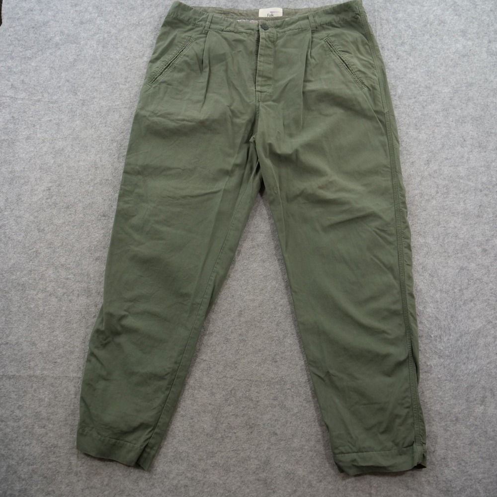 Folk Pants Mens 34 5 Green Cotton Casual Trousers Straight Leg Pleated Mid Rise
